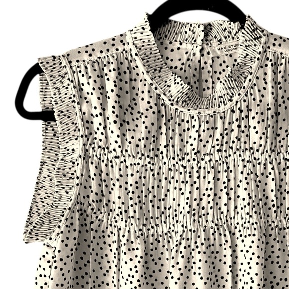 MAX STUDIO | NWOT BLACK & OFF WHITE POLKA DOT PLEATED SLEEVELESS TOP | SMALL - Picture 3 of 7